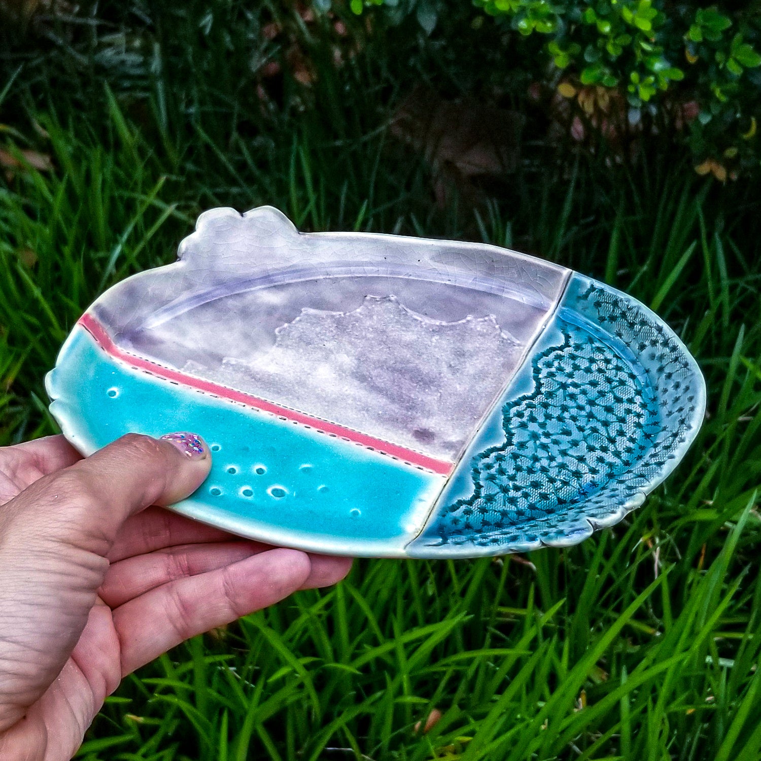 Handmade porcelain ceramic soda fired oval tray dish multi color with pressed textures